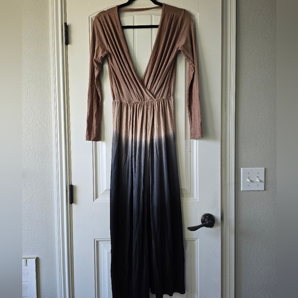 Anthropologie Fraiche by J Ombre Maxi Dress L Tan Black Plunge Boho Long Sleeve - Picture 7 of 14